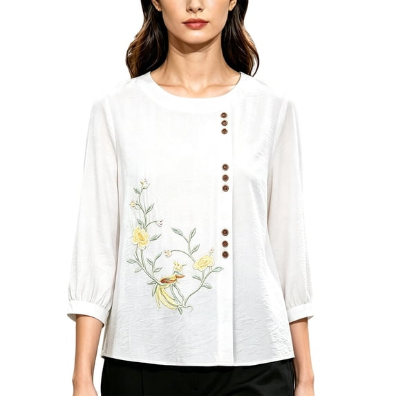 Kezqiaxn Blouses for Women Dressy Embroidery Half Sleeve Crew Neck Casual Loose Shirts Summer Tops Plus Size Fashion