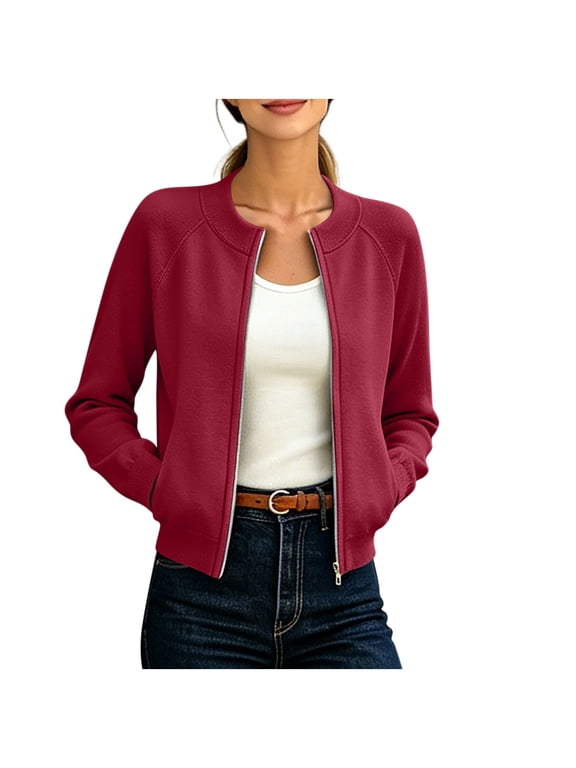 Bomber Jacket Women Fall Long Sleeve Casual Cropped Jackets with Pockets Winter Coats for Women Fashion Clothing