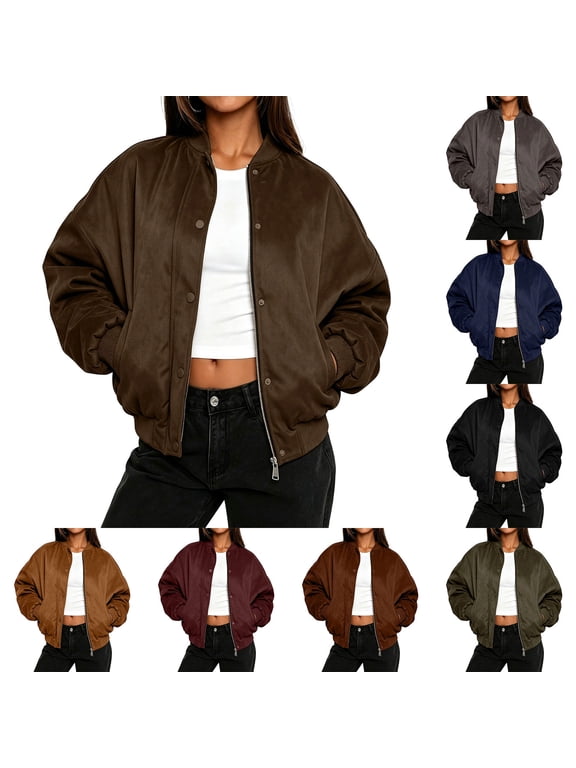 Bomber Jacket Women Zipper Leather Long Sleeve Cropped Casual Baseball Jackets Winter Coat with Pockets Blue XXL
