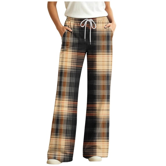Kezqiaxn Bottoms for Women Fashion Plaid Elastic Waist Drawstring Casual Pajama Pants with Pockets Women's Clothing Multicolor D XL