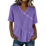 Kezqiaxn Business Casual Tops for Women Ruffled Short Sleeve V-Neck Button Down Shirts Blouse Workout Clothes