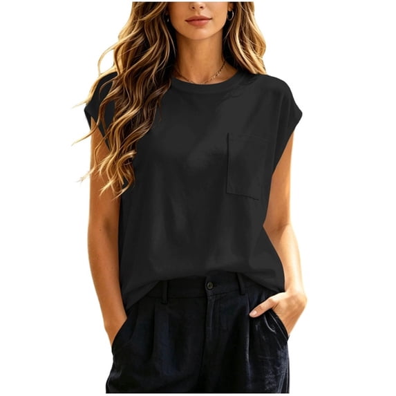 Kezqiaxn Business Casual Tops for Women Short Sleeve Crew Neck Loose Shirts with Pocket Dressy Work Blouses Womens Fashion