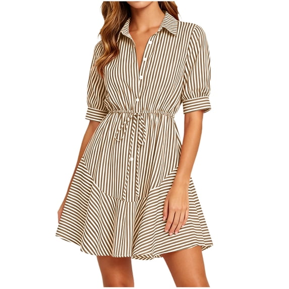 Kezqiaxn Button Down Dress for Women Summer Striped Drawstring Short Sleeve Collared Summer Dresses Fashion Clothing
