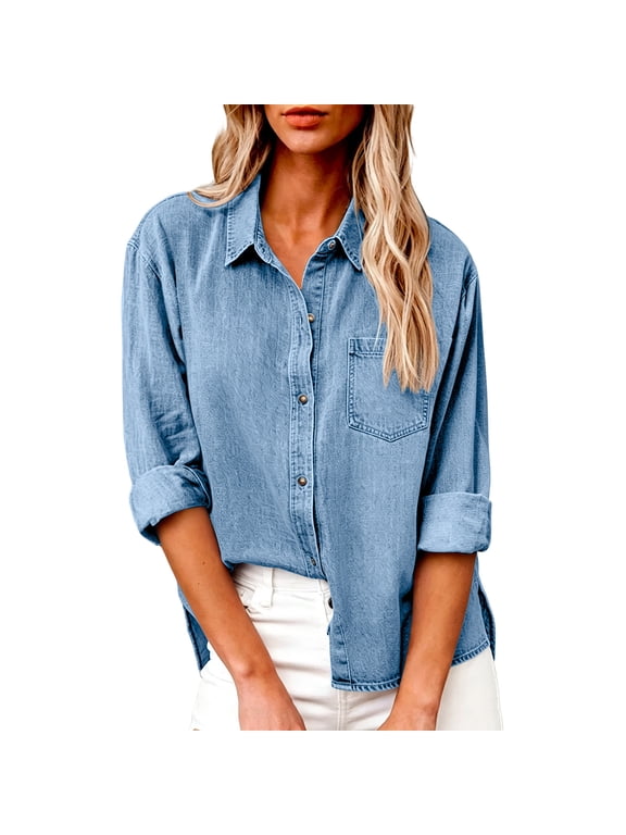 Button Down Shirts for Women Fashion Long Sleeve Denim Collared Office Work Blouses with Pockets Dressy Summer Tops