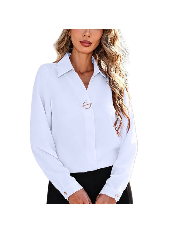 Button Down Shirts for Women Long Sleeve Collared Casual Work Blouses Dressy Summer Tops Fashion Clothing White XL