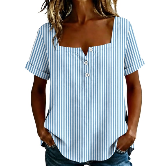 Kezqiaxn Button Down Shirts for Women Striped Short Sleeve Square Neckline Work Blouse Dressy Summer Tops Plus Size Fashion