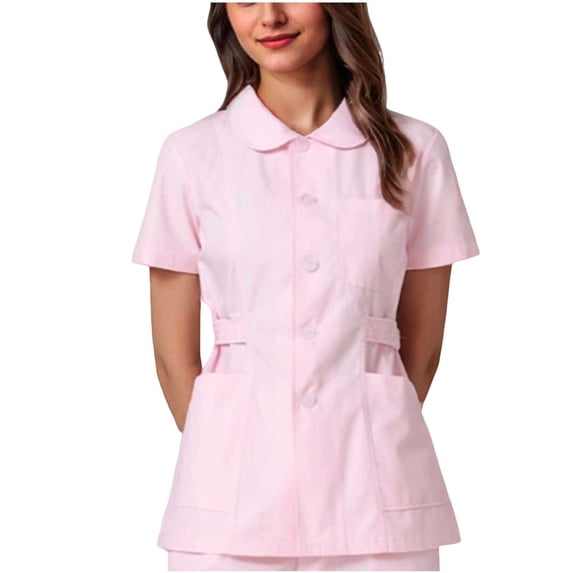 Kezqiaxn Button Up Shirt Women Scrub Short Sleeve Collared Dressy Summer Tops Fashion Nursing Uniform Plus Size Blouse