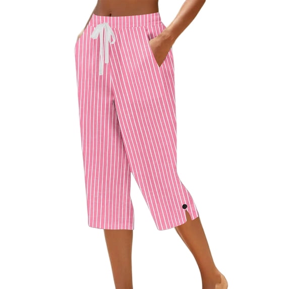 Kezqiaxn Capris Pants for Women Summer Striped Elastic Waist Casual Loose Cropped Pants with Pockets Women's Capri Pants