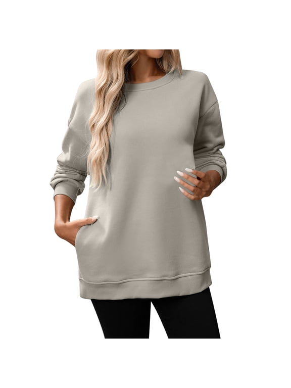 Crewneck Sweatshirts Women Fall Long Sleeve Casual Lightweight Pullover Sweatshirt with Pockets Winter Fashion Clothing