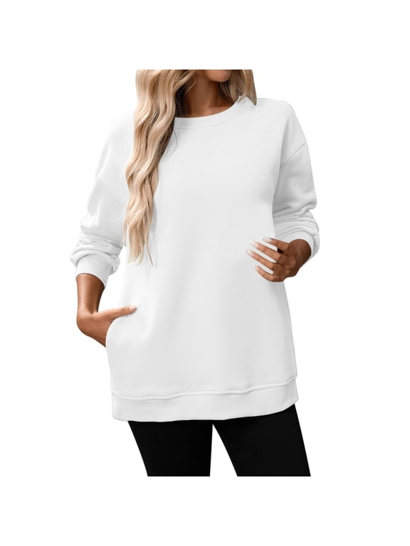 Crewneck Sweatshirts Women Fall Long Sleeve Casual Lightweight Pullover Sweatshirt with Pockets Winter Fashion Clothing