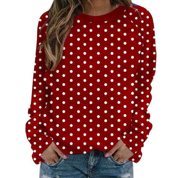 Kezqiaxn Crewneck Sweatshirts Women Fashion Long Sleeve Fall Loose Casual Pullover Tops Polka Dot Women's Sweatshirt