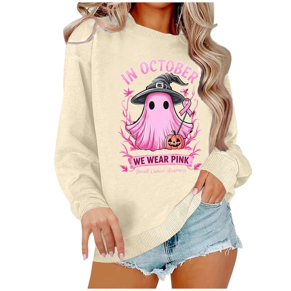 Kezqiaxn Crewneck Sweatshirts Women Halloween Print Long Sleeve Loose Casual Tops Womens Sweatshirt Fashion Clothing Beige M