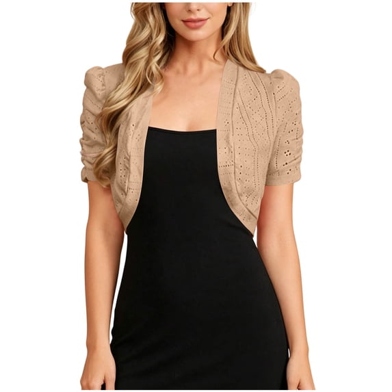 Kezqiaxn Cropped Cardigan for Women 2026 Trendy Short Sleeve Casual Lightweight Cardigans Fall Womens Clothes Khaki S