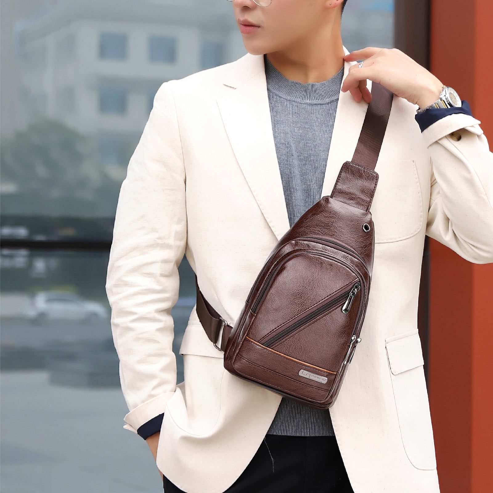 Quality Leather online Men Casual Fashion Travel bag Triangle Bag Chest Sling Bag Design tab tablet ipad bag Shoulder Strap Bag Daypack Male