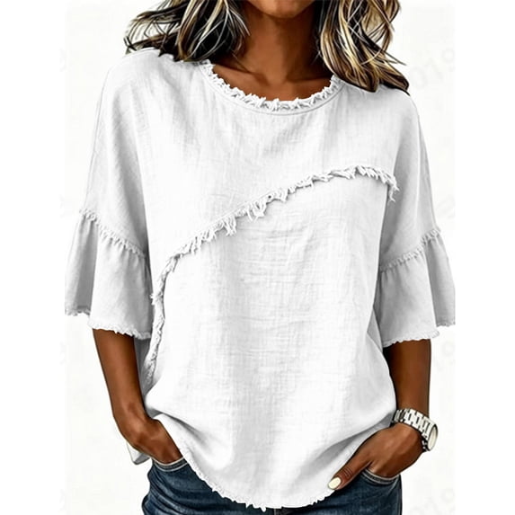 Kezqiaxn Cute Tops for Women Ruffle Short Sleeve Crew Neck Loose Casual Shirts Business Dressy Work Blouses Women's Clothing