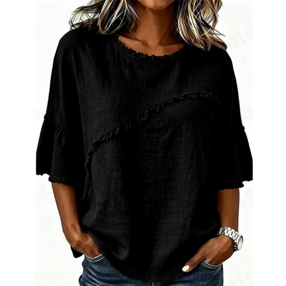Kezqiaxn Cute Tops for Women Ruffle Short Sleeve Crew Neck Loose Casual Shirts Business Dressy Work Blouses Women's Clothing