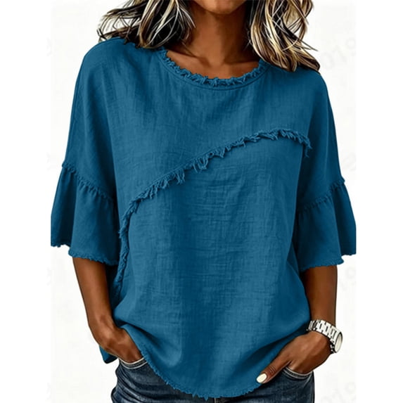 Kezqiaxn Cute Tops for Women Ruffle Short Sleeve Crew Neck Loose Casual Shirts Business Dressy Work Blouses Women's Clothing