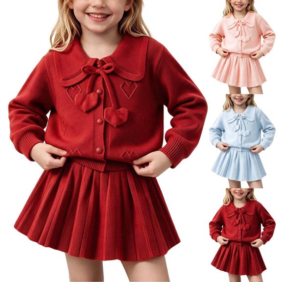 Kezqiaxn Cute Two Piece Outfits for Girls Long Sleeve Collared Knit Top and Skirt Lounge Set Winter School Kids Clothes Size 1-8