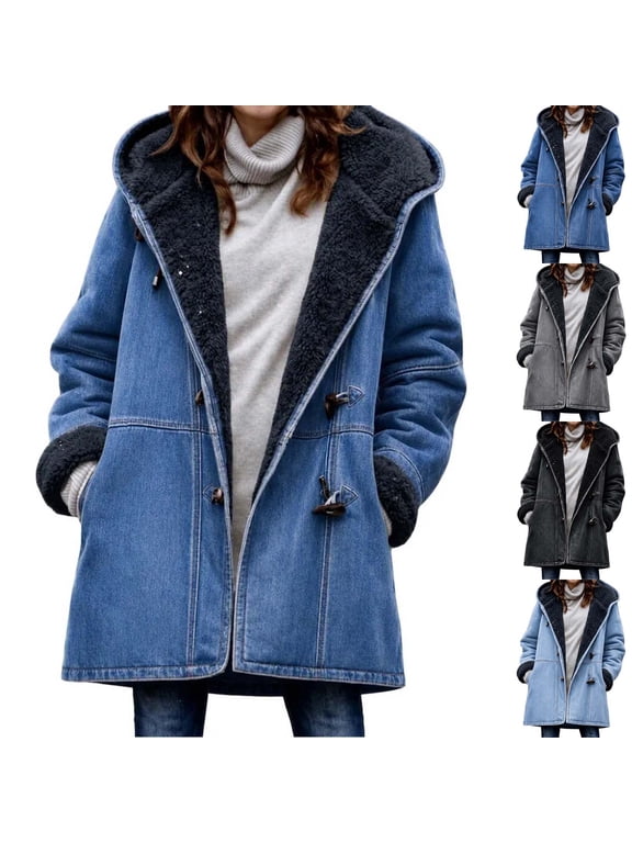 Denim Jacket for Women Fleece Button Long Sleeve Warm Casual Fall Jackets Hooded Long Outwear Plus Size Fashion Light Blue L