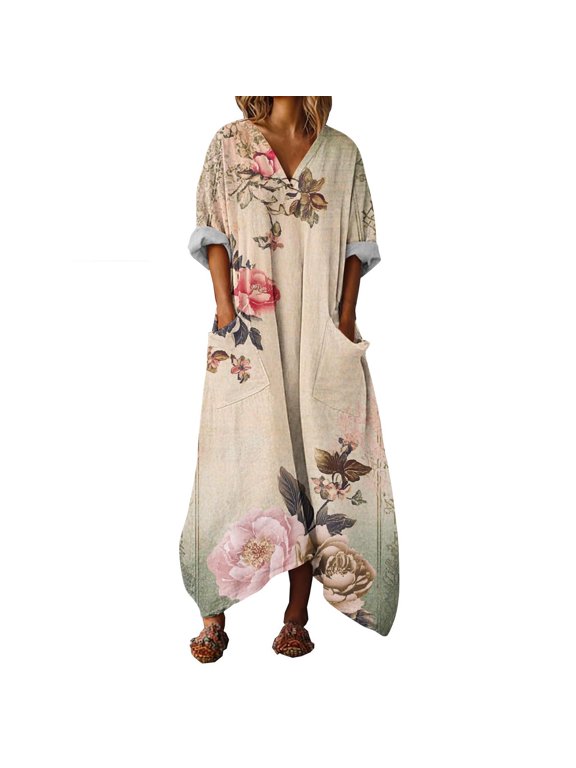 Dresses for Women Vintage Floral Print 3/4 Sleeve Irregular Hem Long Dress with Pockets Fashion Clothing Beige XXL