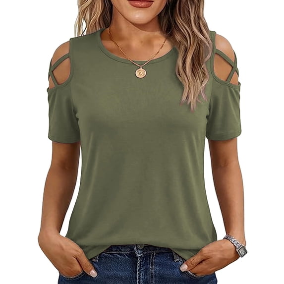 Kezqiaxn Dressy Tops for Women Summer Strap Off-Shoulder Short Sleeve Crew Neck Loose Shirts Work Business Womens Blouses
