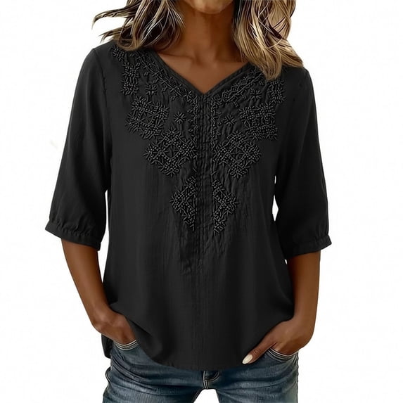 Kezqiaxn Dressy Tops for Women Summer Vintage Embroidery Half Sleeve V-Neck Pullover Loose Fit Shirts Business Blouses