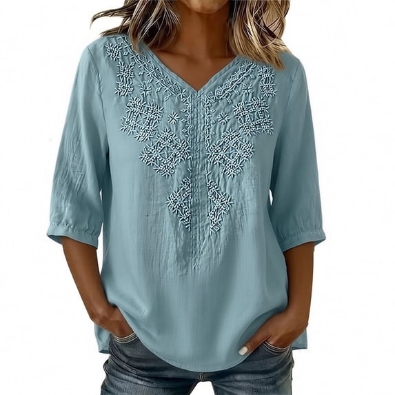 Kezqiaxn Dressy Tops for Women Summer Vintage Embroidery Half Sleeve V-Neck Pullover Loose Fit Shirts Business Blouses