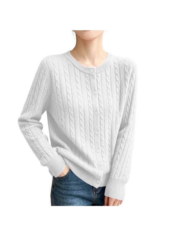 Fall Sweaters for Women Comfy Long Sleeve Crew Neck Warm Button Down Open Front Cardigan Winter Clothes 2026 White M