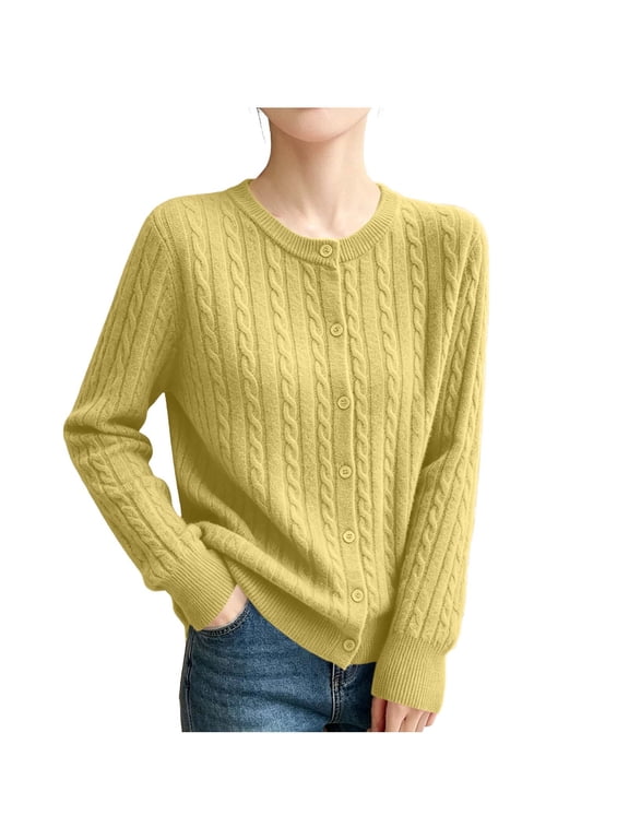 Fall Sweaters for Women Comfy Long Sleeve Crew Neck Warm Button Down Open Front Cardigan Winter Clothes 2026 Yellow S