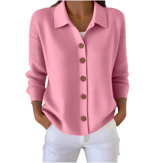 Kezqiaxn Fall Tops for Women 2026 Fashion Clothing Long Sleeve Casual Button Up Knit Cardigan Womens Sweaters Plus Size Pink L