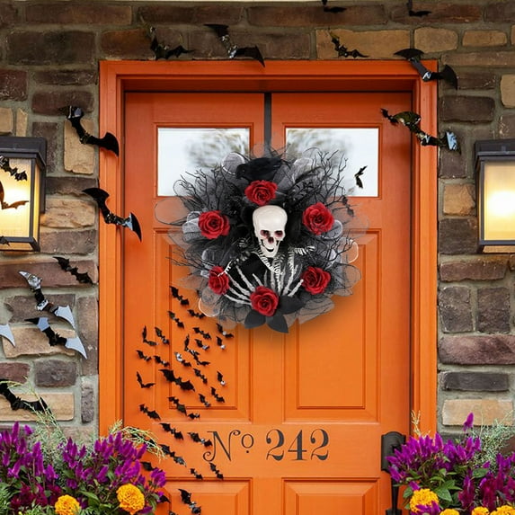 Kezqiaxn Halloween Decorations Wreaths for Front Door Halloween Red Rose Skull Mesh Flower Ring Door Hanging Ghost Festival Bar Party Terrifying Skull Head Decoration 35x35Cm