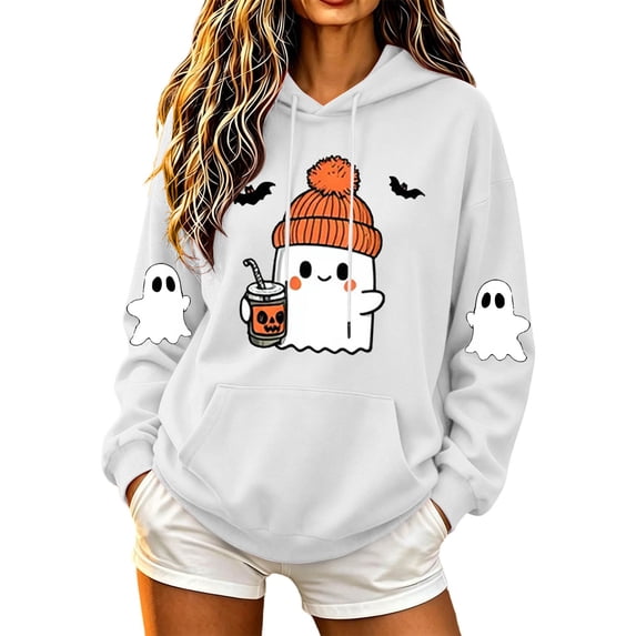 Kezqiaxn Hoodies for Women Halloween Pullover Hoodie Long Sleeve Loose Casual Sweatshirt with Pockets Fashion Clothing White L