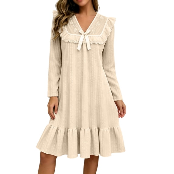 Kezqiaxn House Dress for Women Fashion Ruffle Long Sleeve V-Neck Loose Casual Nightgown Women's Sleepwear Plus Size Nightgowns Yellow M