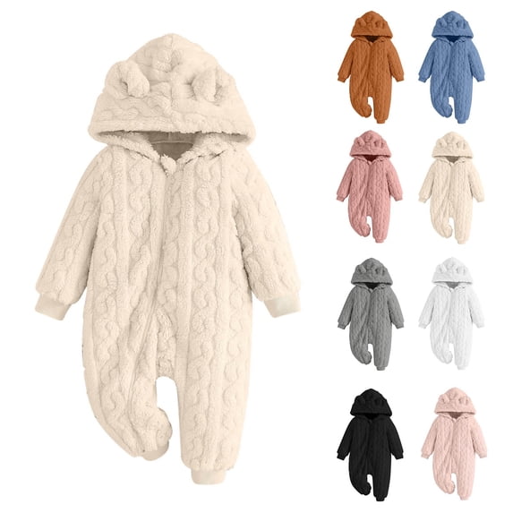 Kezqiaxn Infant Girl Clothes Winter Warm Hooded Romper Cute Bear Ears Long Sleeve Jumpsuits with Zipper Newborn Onesies 0-18Months