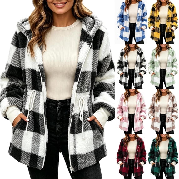 Kezqiaxn Jackets for Women Fashion Plaid Long Sleeve Drawstring Waist Coats Winter Casual Hooded Outerwear with Pockets Fall Women'S Clothing Wine S