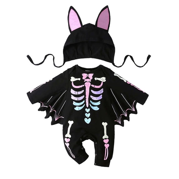 Kezqiaxn Kids Halloween Costumes Onesies Cute Bat Party Cosplay Jumpsuit with Hat Winter Warm Long Sleeve Crew Neck Romper 0-2y