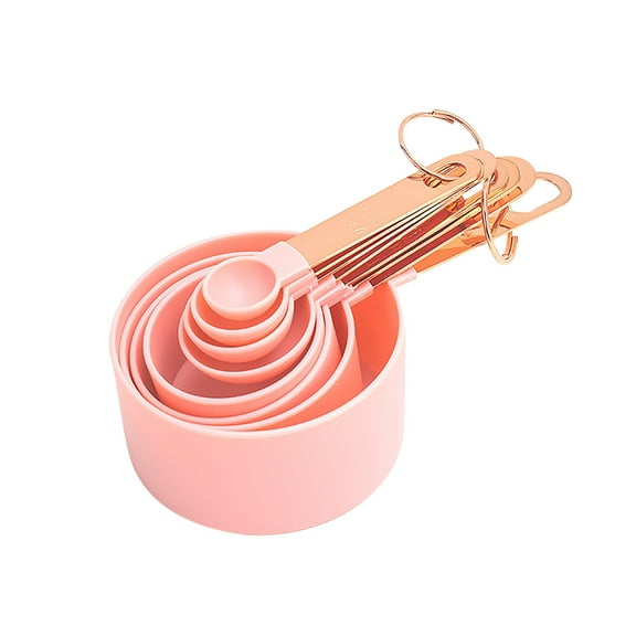 Kezqiaxn Kitchen Supplies Stainless Steel Handle Measuring Spoon Plastic Measuring Cup Set Of 8, Gold Handle Measuring Spoon With Scale Seasoning Spoon Baking Tool Pink