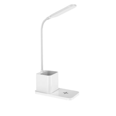 Kezqiaxn LED Desk Lamp for Home Office, Battery Operated Desk Light for Computer/Desktop Small, Cute, 15W Wireless Charging, Flexible Gooseneck, Pen Holder Study Table Lamp for Bedroom Reading White
