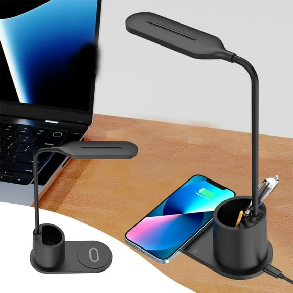 Kezqiaxn Led Lamp for Desk Clearance, 15W Table Lamps Wireless Charging, with Pen Organizer Storage Box, Student Eye Protection Study Lights, Suitable for Office, Bedroom, Dorm Black