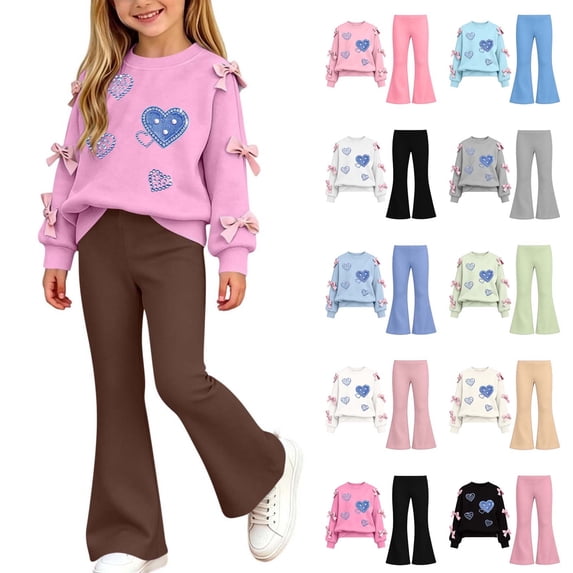 Kezqiaxn Lounge Sets for Girls 2 Piece Outfit Long Sleeve Printed Bowknot Casual Sweatshirts and Pants Winter Girls Sweatsuit Size 5-15