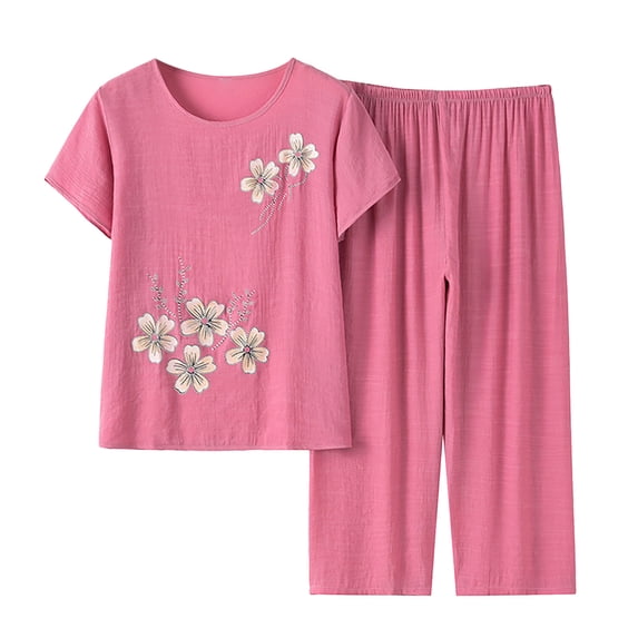 Kezqiaxn Lounge Sets for Women Floral Printed Short Sleeve Crew Neck Tops and Pants Plus Size Summer Outfits