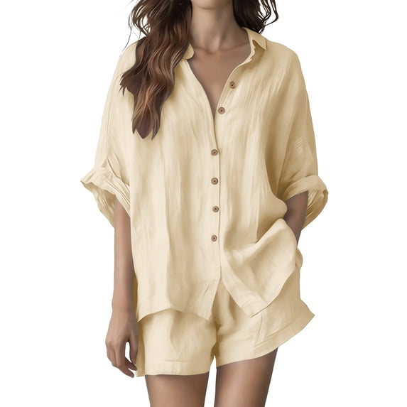 Kezqiaxn Lounge Sets for Women Short Sleeve Collared Button Down Shirts and Pockets Shorts Summer Outfits Plus Size Womens Clothing