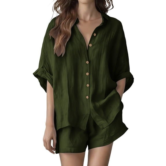 Kezqiaxn Lounge Sets for Women Short Sleeve Collared Button Down Shirts and Pockets Shorts Summer Outfits Plus Size Womens Clothing