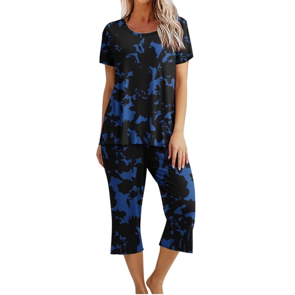 Kezqiaxn Matching Sets Women Clothing Fashion Floral Short Sleeve Tops and Capris Lounge Set Summer Outfits