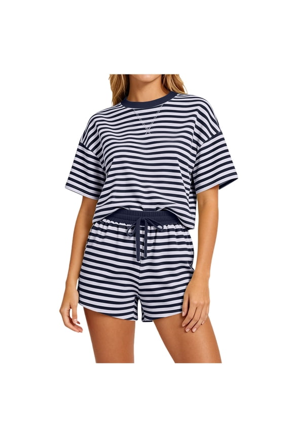 Matching Sets Women Clothing Striped Short Sleeve Tops Drawstring Shorts Lounge Set Summer Outfits for Women 2026