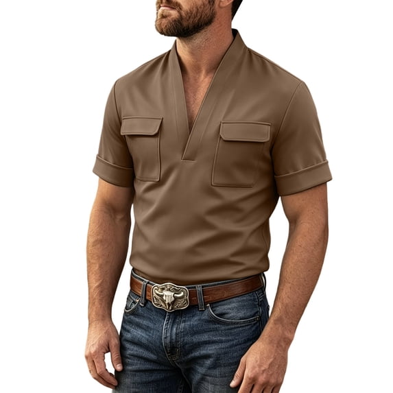 Kezqiaxn Mens Short Sleeve Shirts Summer Casual V-Neck Business Work Tops with Pockets Mens Shirt Plus Size Fashion