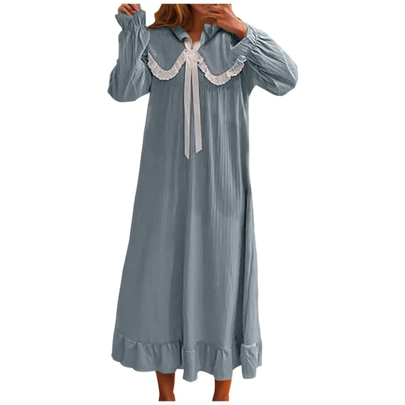 Kezqiaxn Nightgowns for Women Flannel Long Sleeve Warm Loose Sleepwear Ruffle Collared Casual Dress Womens Nightgown Blue L