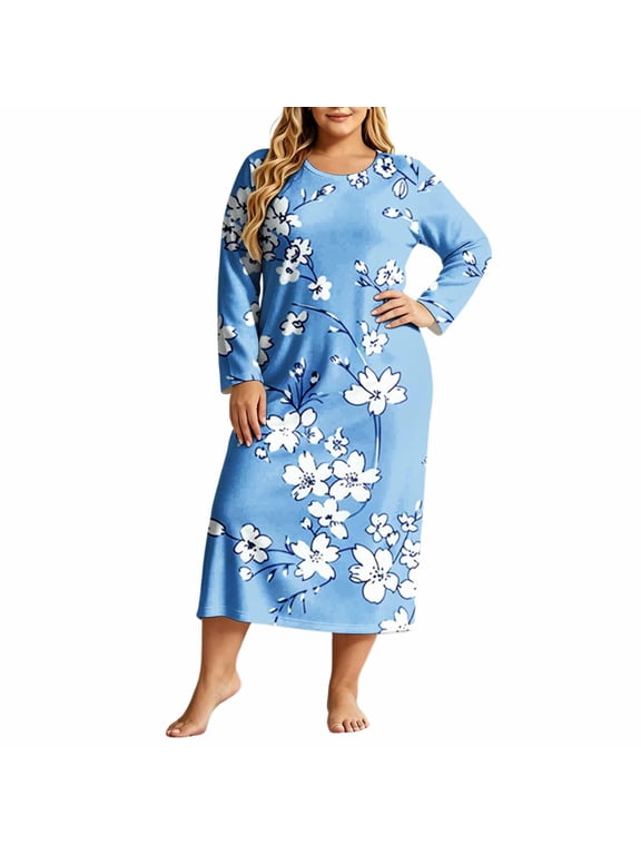 Nightgowns for Women Plus Size Fashion Floral Printed Long Sleeve Casual Long Nightgown Comfy Sleepwear Pajama Dress Multicolor C L