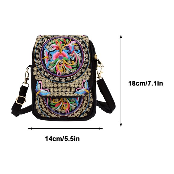 Kezqiaxn Organizer and Storage Yunnan Ethnic Style Embroidery Bag for Women Embroidered Body Mini Bag Flip Phone Bag Black