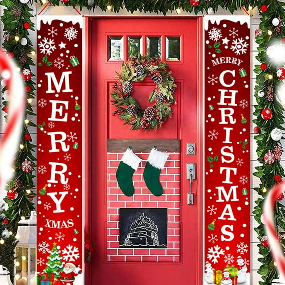 Kezqiaxn Outdoor Christmas Decorations, 71x12In Merry Christmas Banner for Front Door, New Year Welcome Porch Sign Banners Hanging Couplet, Xmas Holiday Decor for Yard Home Garage Wall Red